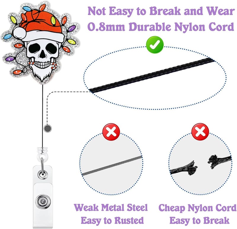 Bydevia Funny Santa Skull Christmas Badge Reel Retractable for Nurse Nursing Student RN MA CNA LPN Medical Worker & Teacher, Funny Holiday Nurse Gift, Glitter Radiology Xray Tech Christmas Badge Reel for Work - Image 4
